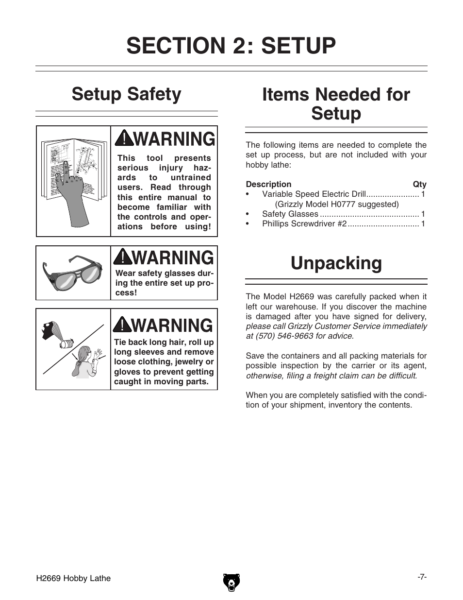 Unpacking setup safety, Items needed for setup | Grizzly H2669 User Manual | Page 9 / 28