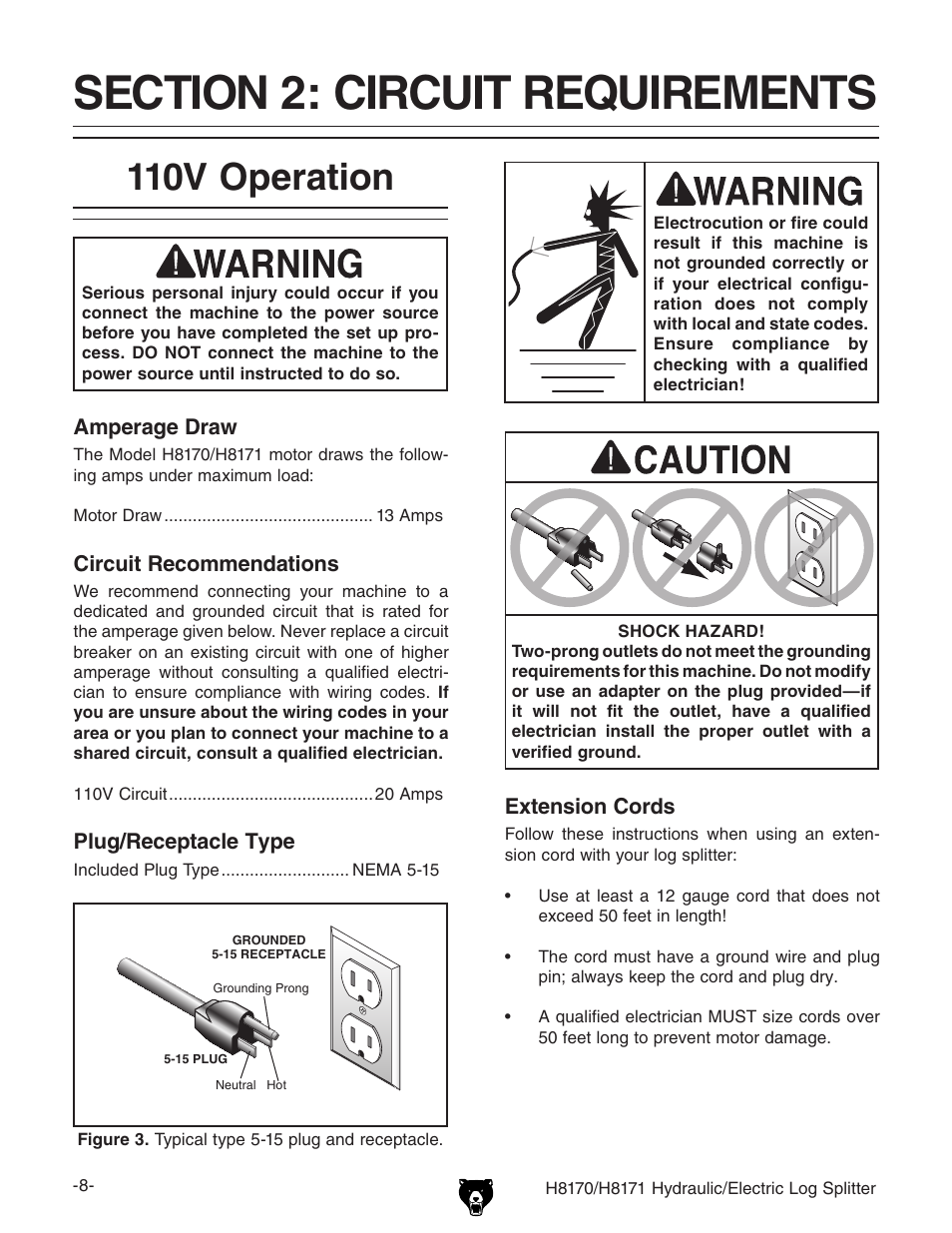 110v operation | Grizzly HYDRAULIC/ELECTRIC LOG SPLITTER H8170 User Manual | Page 10 / 32