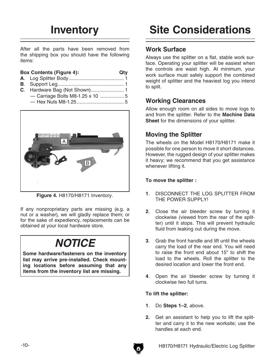 Inventory, Notice, Site considerations | Grizzly HYDRAULIC/ELECTRIC LOG SPLITTER H8170 User Manual | Page 12 / 32