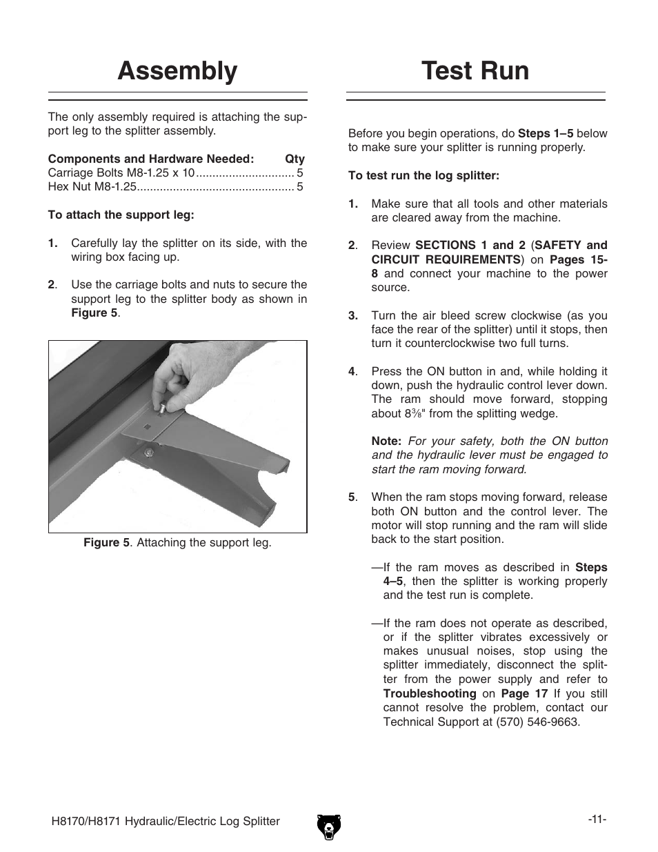 Assembly, Test run | Grizzly HYDRAULIC/ELECTRIC LOG SPLITTER H8170 User Manual | Page 13 / 32