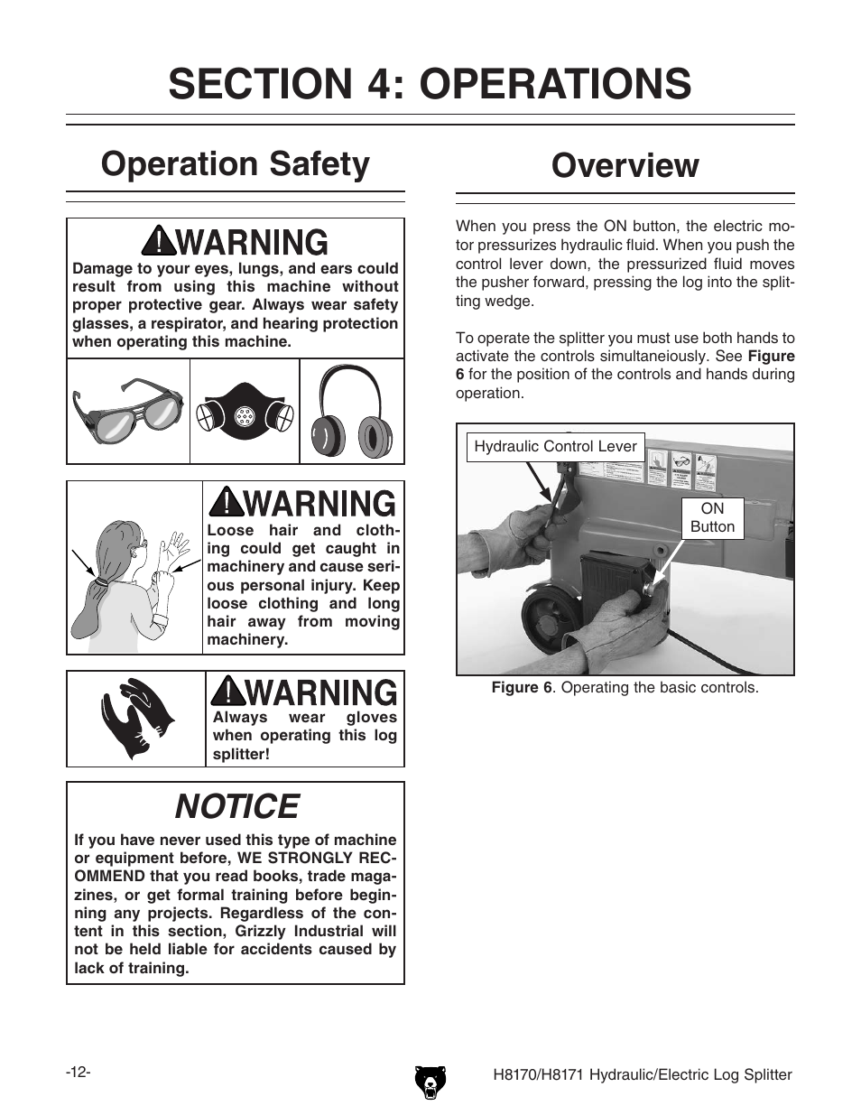 Operation safety, Notice, Overview | Grizzly HYDRAULIC/ELECTRIC LOG SPLITTER H8170 User Manual | Page 14 / 32