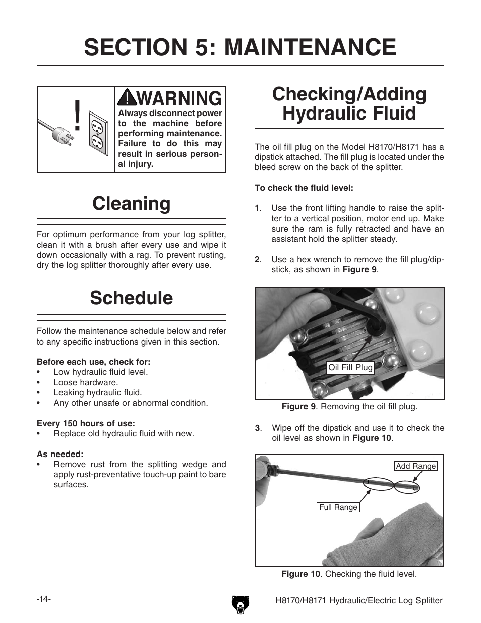 Schedule checking/adding hydraulic fluid, Cleaning | Grizzly HYDRAULIC/ELECTRIC LOG SPLITTER H8170 User Manual | Page 16 / 32