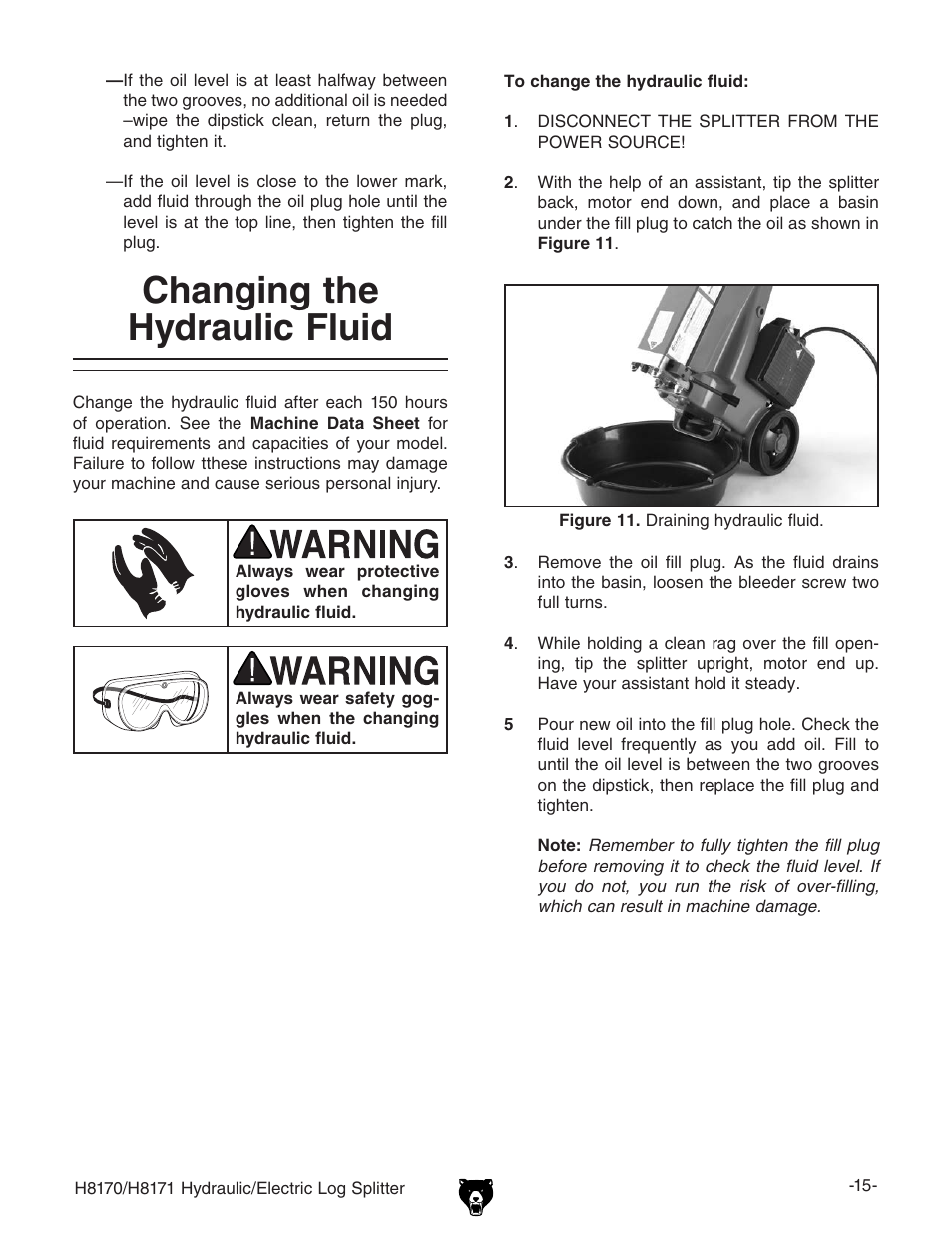 Changing the hydraulic fluid | Grizzly HYDRAULIC/ELECTRIC LOG SPLITTER H8170 User Manual | Page 17 / 32