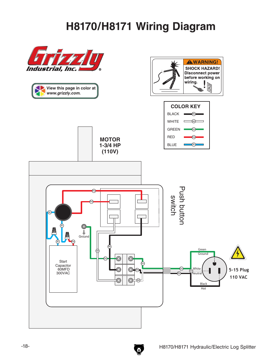 Push button switch, Color key | Grizzly HYDRAULIC/ELECTRIC LOG SPLITTER H8170 User Manual | Page 20 / 32