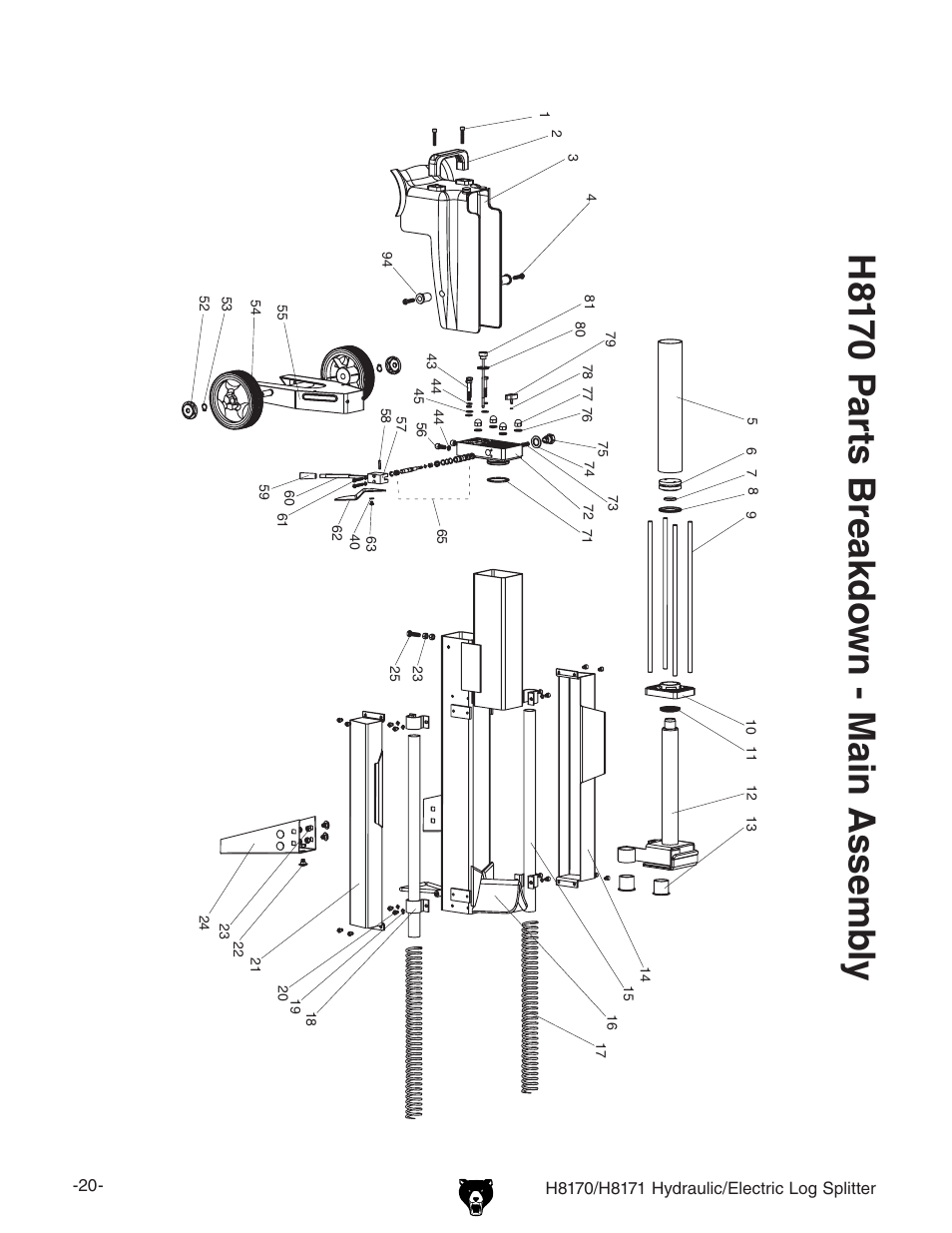 H81 70 p ar ts b re ak d ow n - m ain a ss em b ly | Grizzly HYDRAULIC/ELECTRIC LOG SPLITTER H8170 User Manual | Page 22 / 32