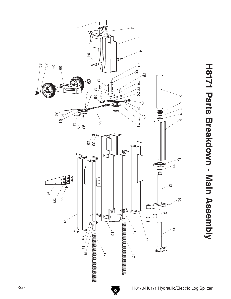 H81 71 p ar ts b re ak d ow n - m ain a ss em b ly | Grizzly HYDRAULIC/ELECTRIC LOG SPLITTER H8170 User Manual | Page 24 / 32