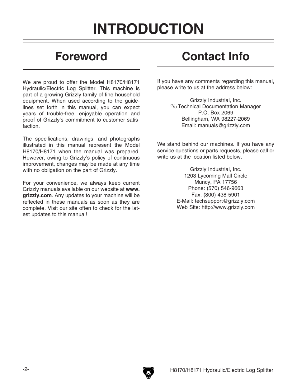 Introduction, Foreword, Contact info | Grizzly HYDRAULIC/ELECTRIC LOG SPLITTER H8170 User Manual | Page 4 / 32
