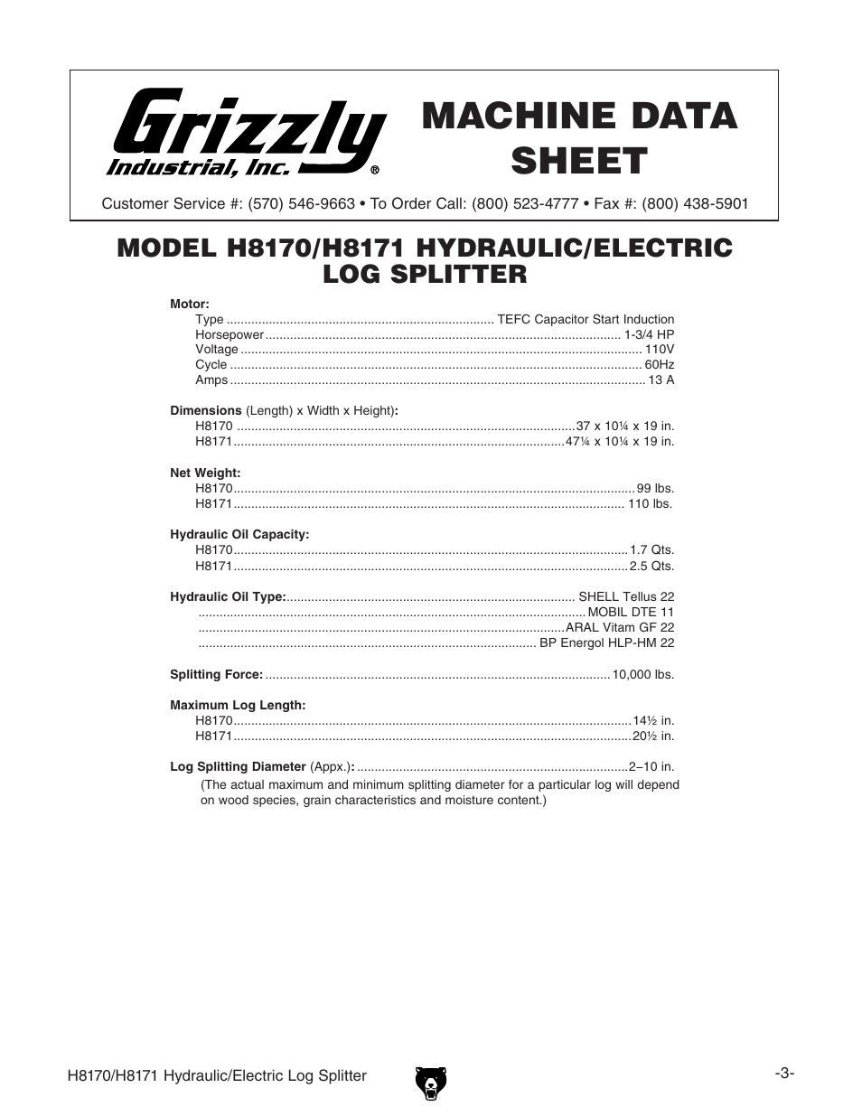 Machine data sheet | Grizzly HYDRAULIC/ELECTRIC LOG SPLITTER H8170 User Manual | Page 5 / 32