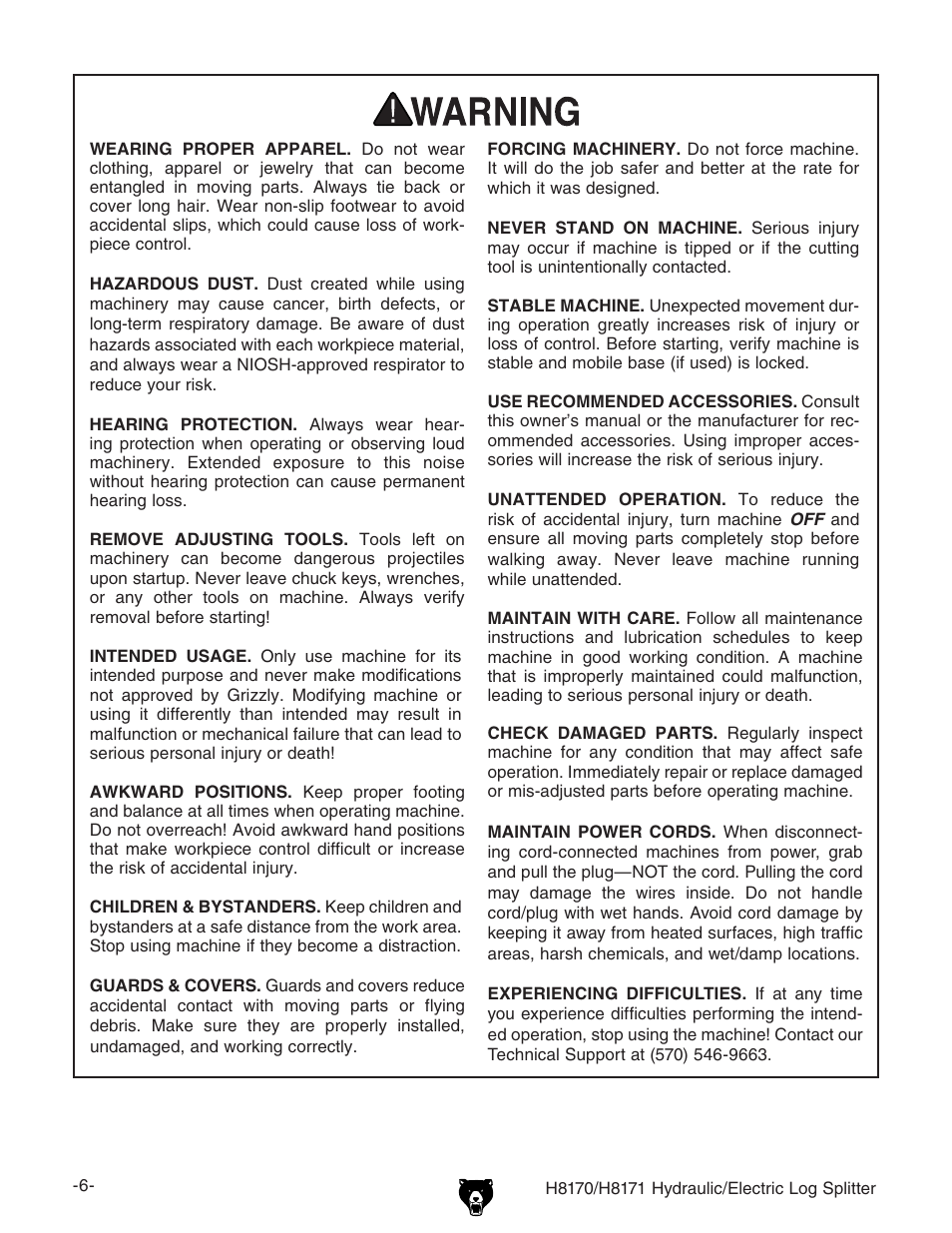 Grizzly HYDRAULIC/ELECTRIC LOG SPLITTER H8170 User Manual | Page 8 / 32