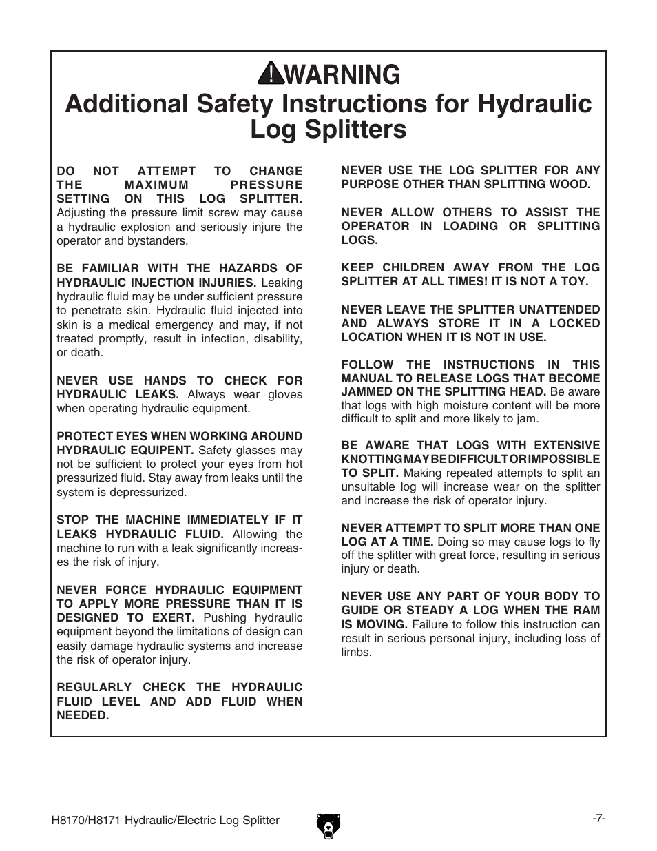 Grizzly HYDRAULIC/ELECTRIC LOG SPLITTER H8170 User Manual | Page 9 / 32