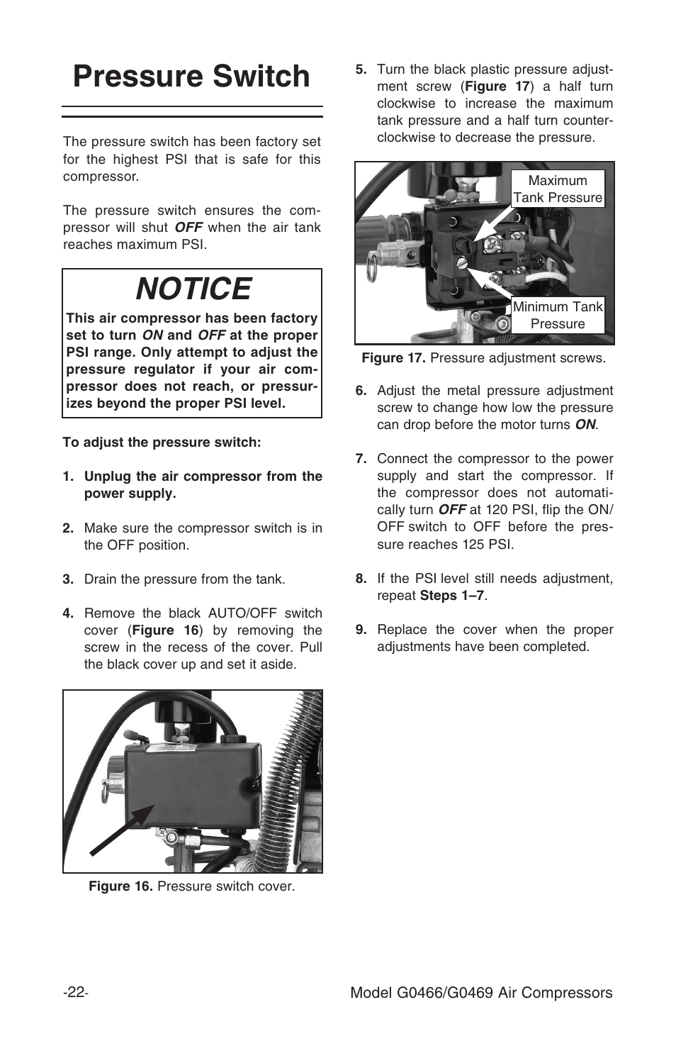 Pressure switch, Notice | Grizzly G0466 User Manual | Page 24 / 32