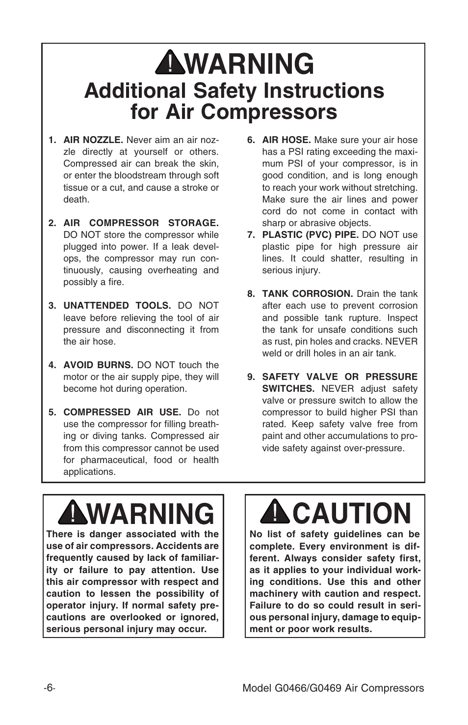 Additional safety instructions for air compressors | Grizzly G0466 User Manual | Page 8 / 32