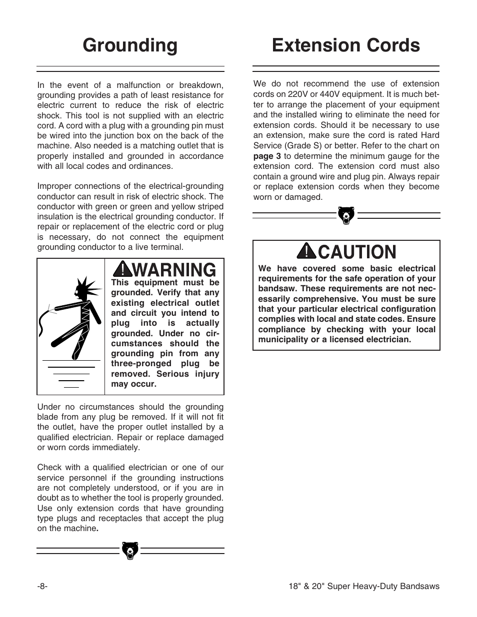 Grounding, Extension cords | Grizzly G0507 User Manual | Page 10 / 56