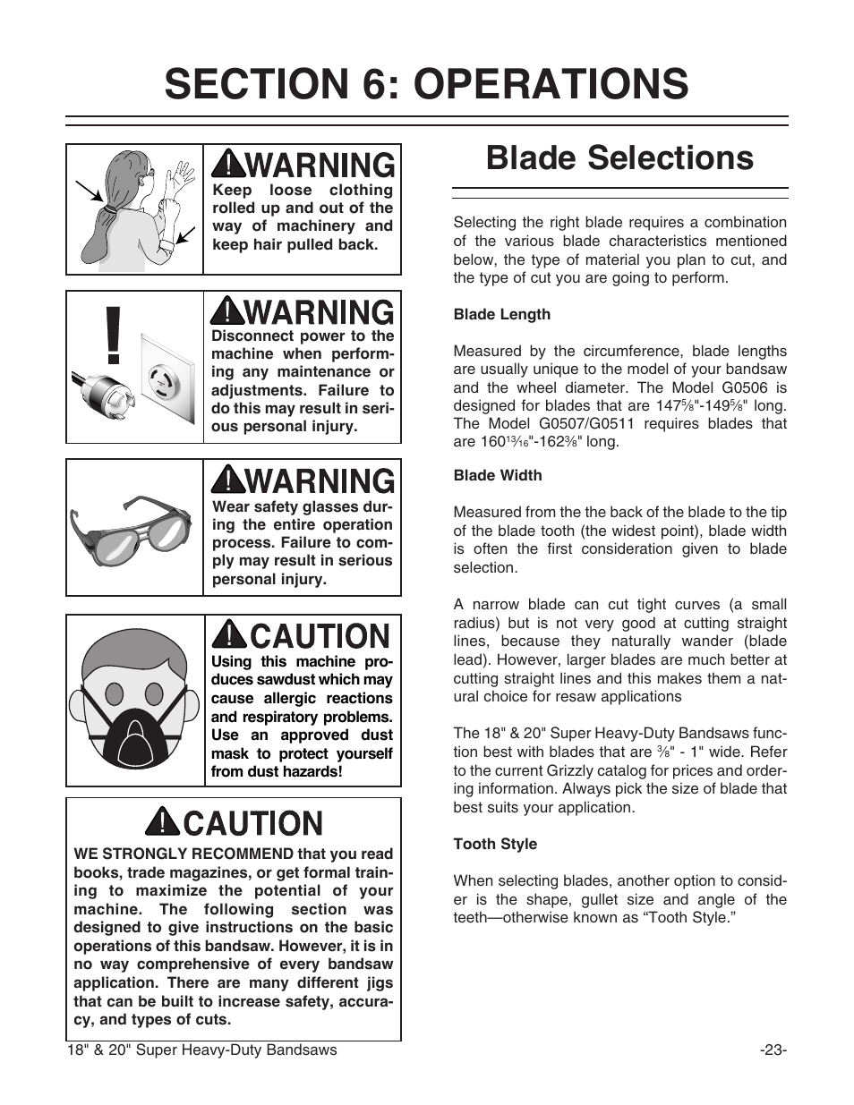 Blade selections | Grizzly G0507 User Manual | Page 25 / 56