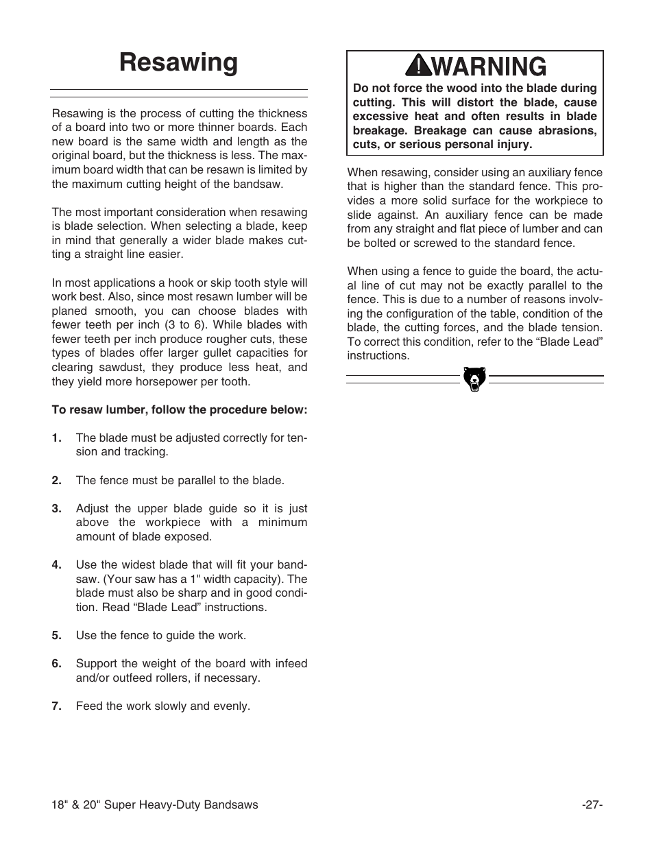 Resawing | Grizzly G0507 User Manual | Page 29 / 56