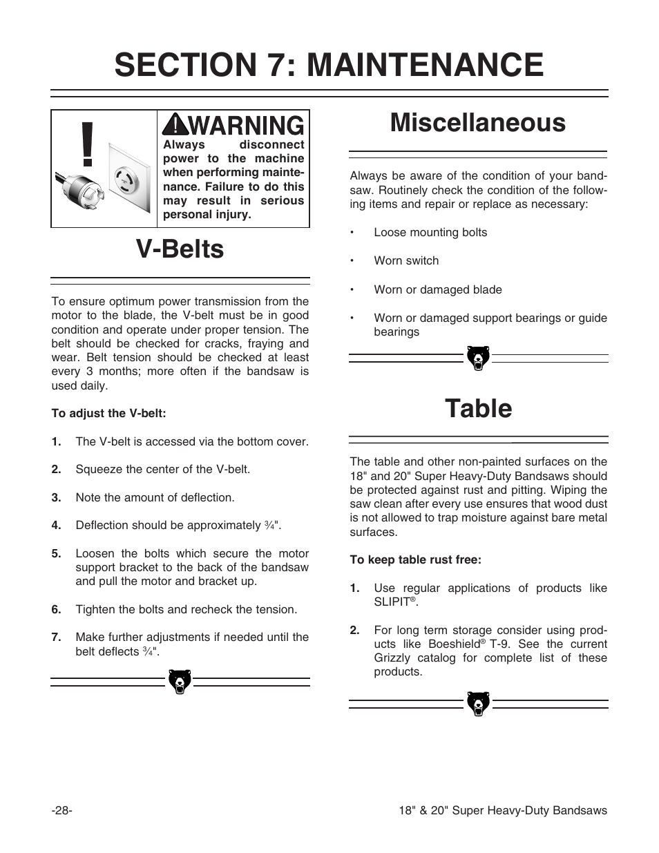 V-belts, Table, Miscellaneous | Grizzly G0507 User Manual | Page 30 / 56