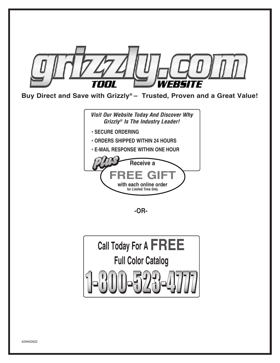 Free, Free gift, Call today for a | Full color catalog | Grizzly G0507 User Manual | Page 56 / 56