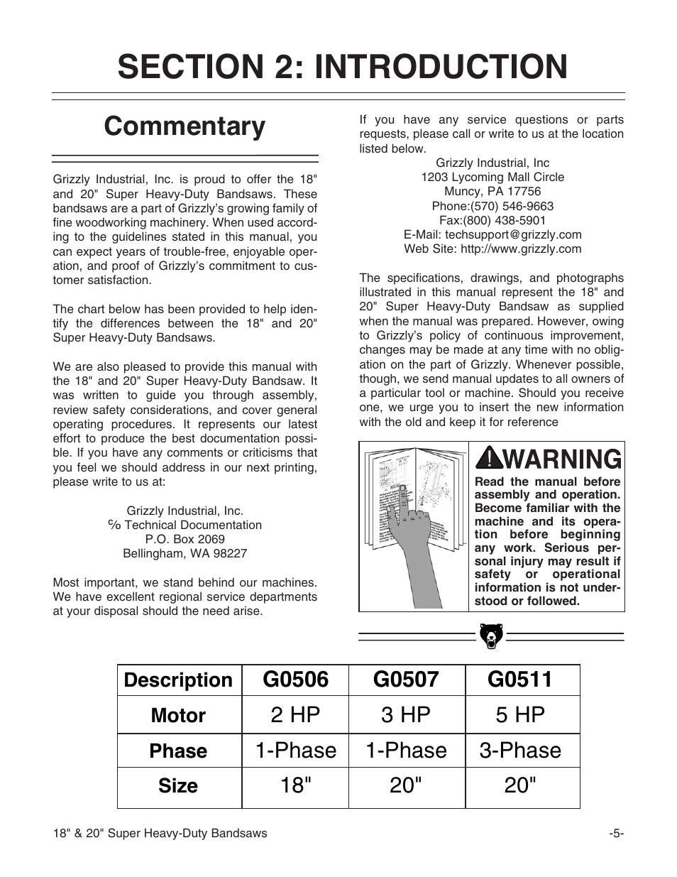 Commentary, Description motor phase size | Grizzly G0507 User Manual | Page 7 / 56