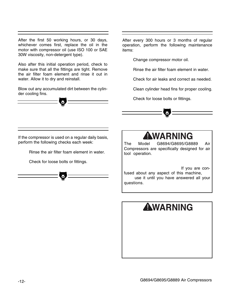 Weekly every 300 hours, After first 50 hours | Grizzly G8694 User Manual | Page 13 / 17