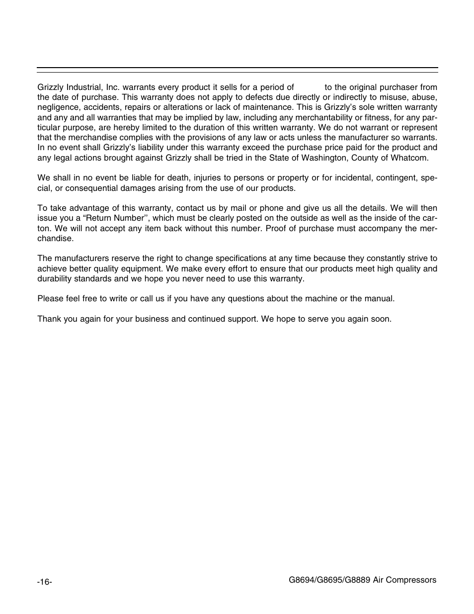 Warranty and returns | Grizzly G8694 User Manual | Page 17 / 17