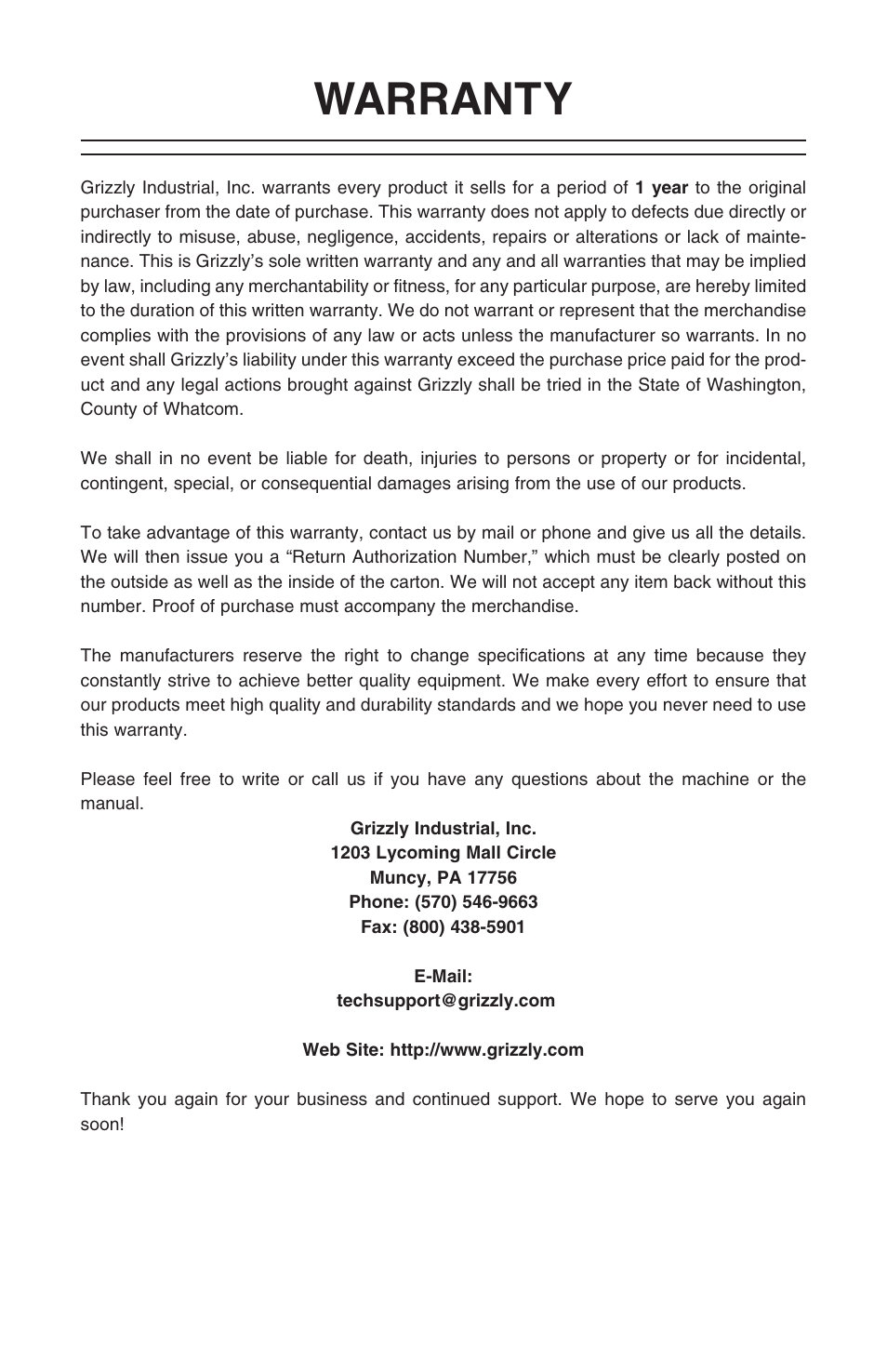 Warranty | Grizzly H0779 User Manual | Page 14 / 16