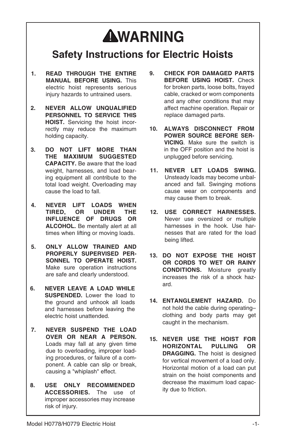 Safety instructions for electric hoists | Grizzly H0779 User Manual | Page 3 / 16