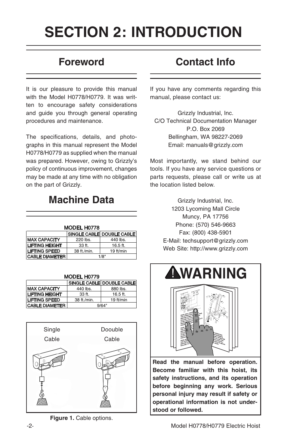 Foreword machine data, Contact info | Grizzly H0779 User Manual | Page 4 / 16