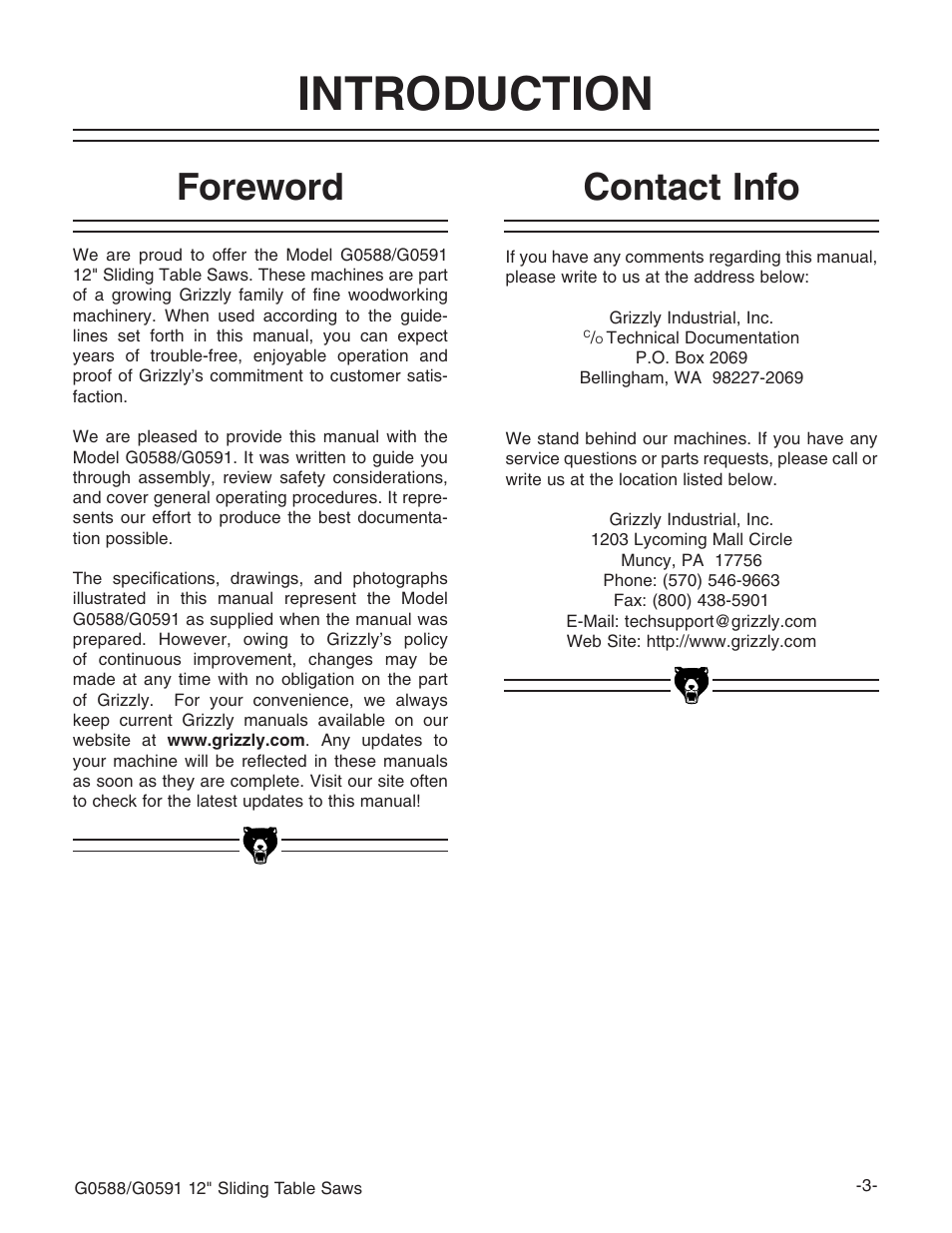 Introduction, Foreword, Contact info | Grizzly G0588/G0591 User Manual | Page 11 / 82
