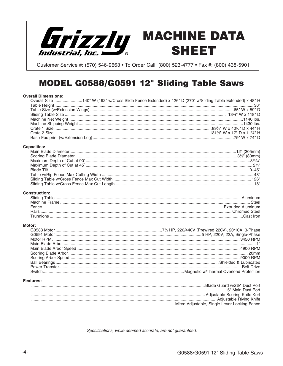 Machine data sheet | Grizzly G0588/G0591 User Manual | Page 12 / 82