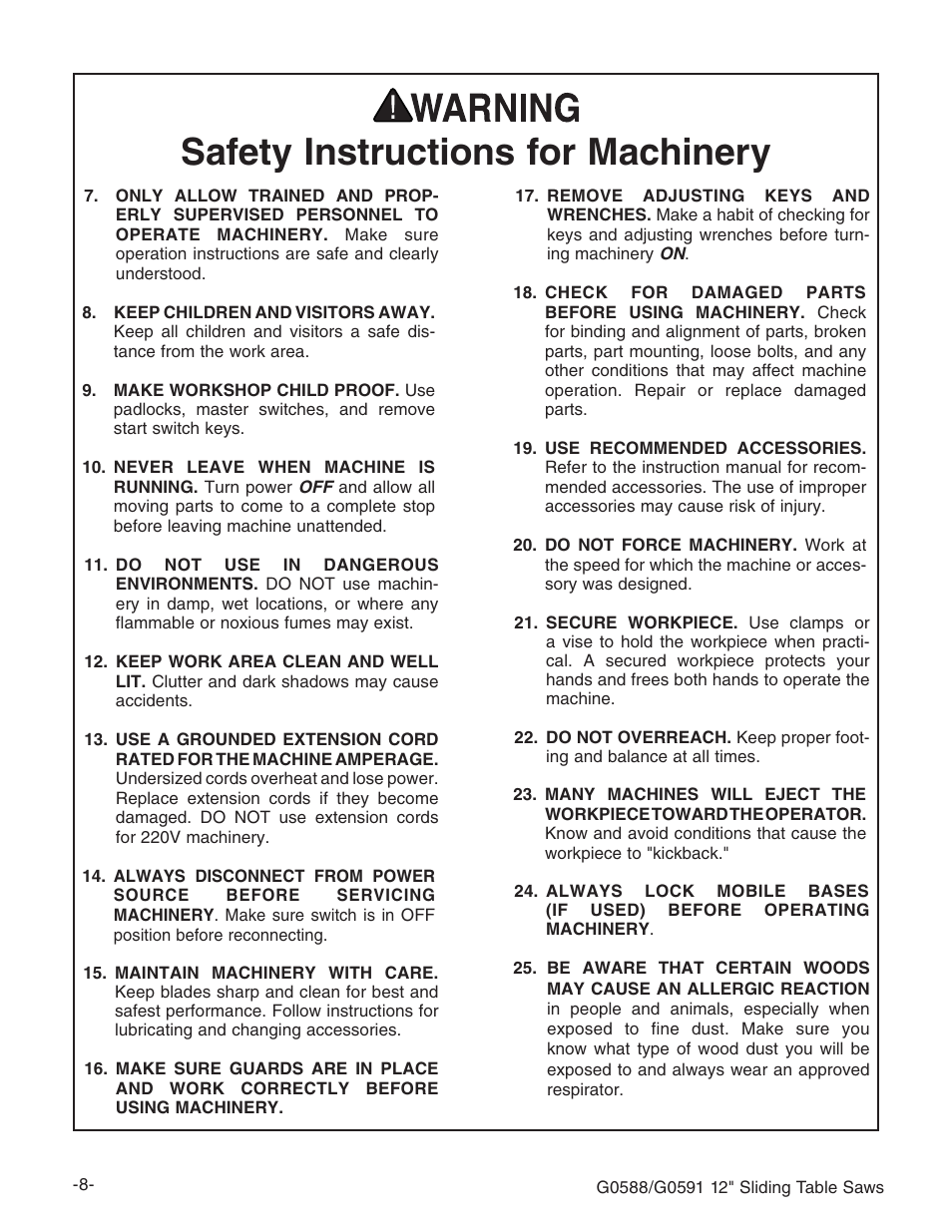 Safety instructions for machinery | Grizzly G0588/G0591 User Manual | Page 16 / 82