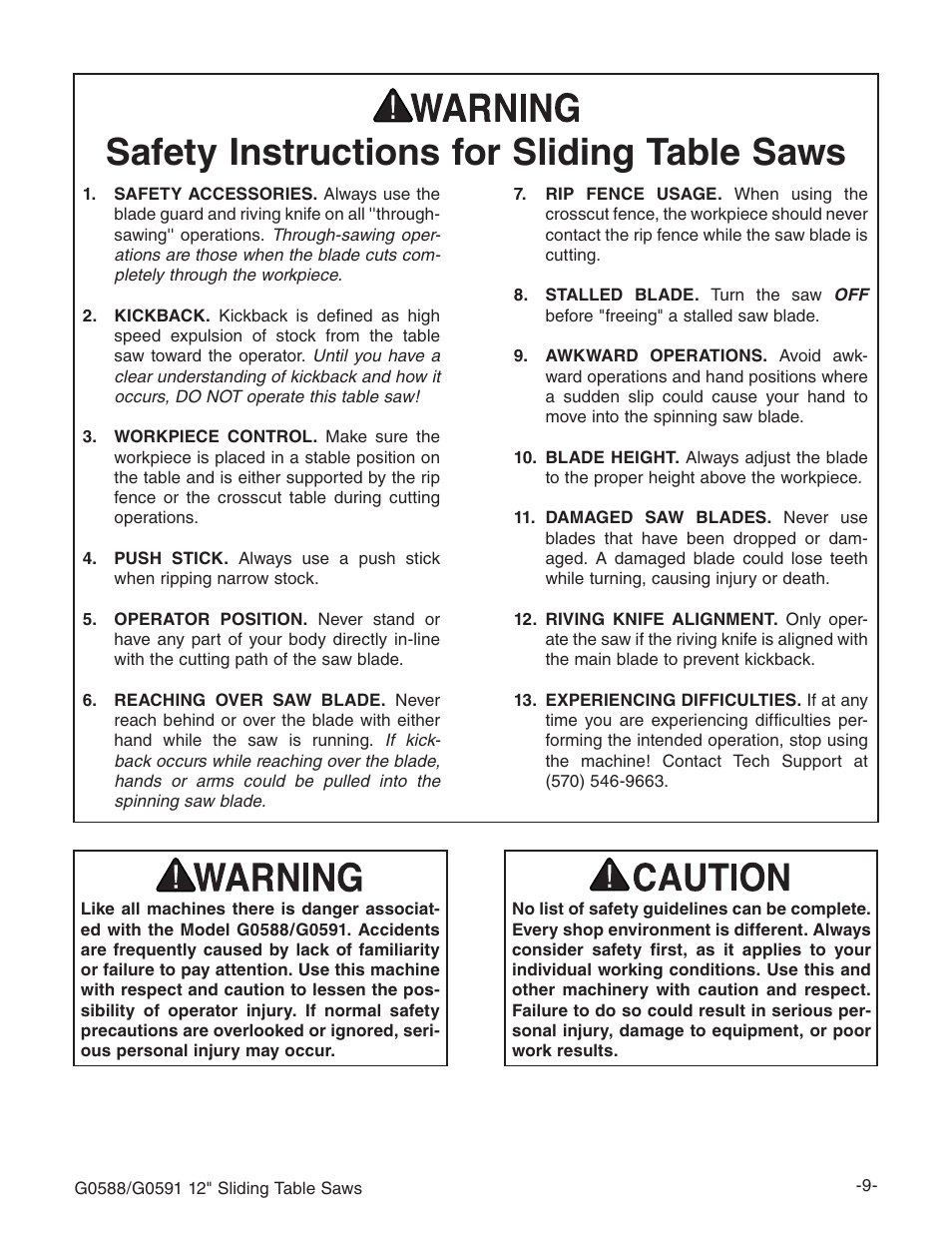 Safety instructions for sliding table saws | Grizzly G0588/G0591 User Manual | Page 17 / 82