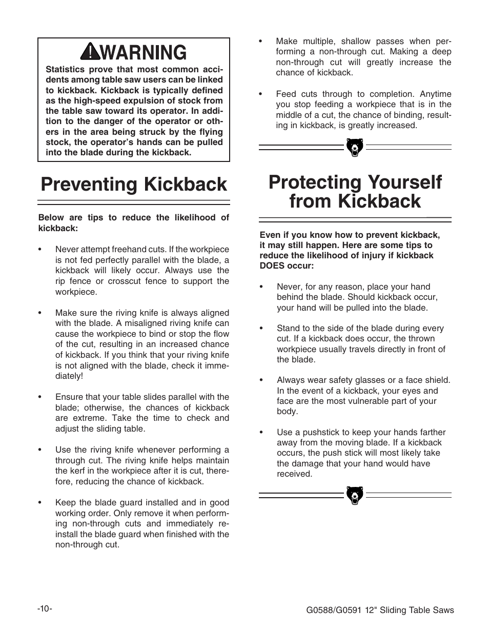 Protecting yourself from kickback, Preventing kickback | Grizzly G0588/G0591 User Manual | Page 18 / 82