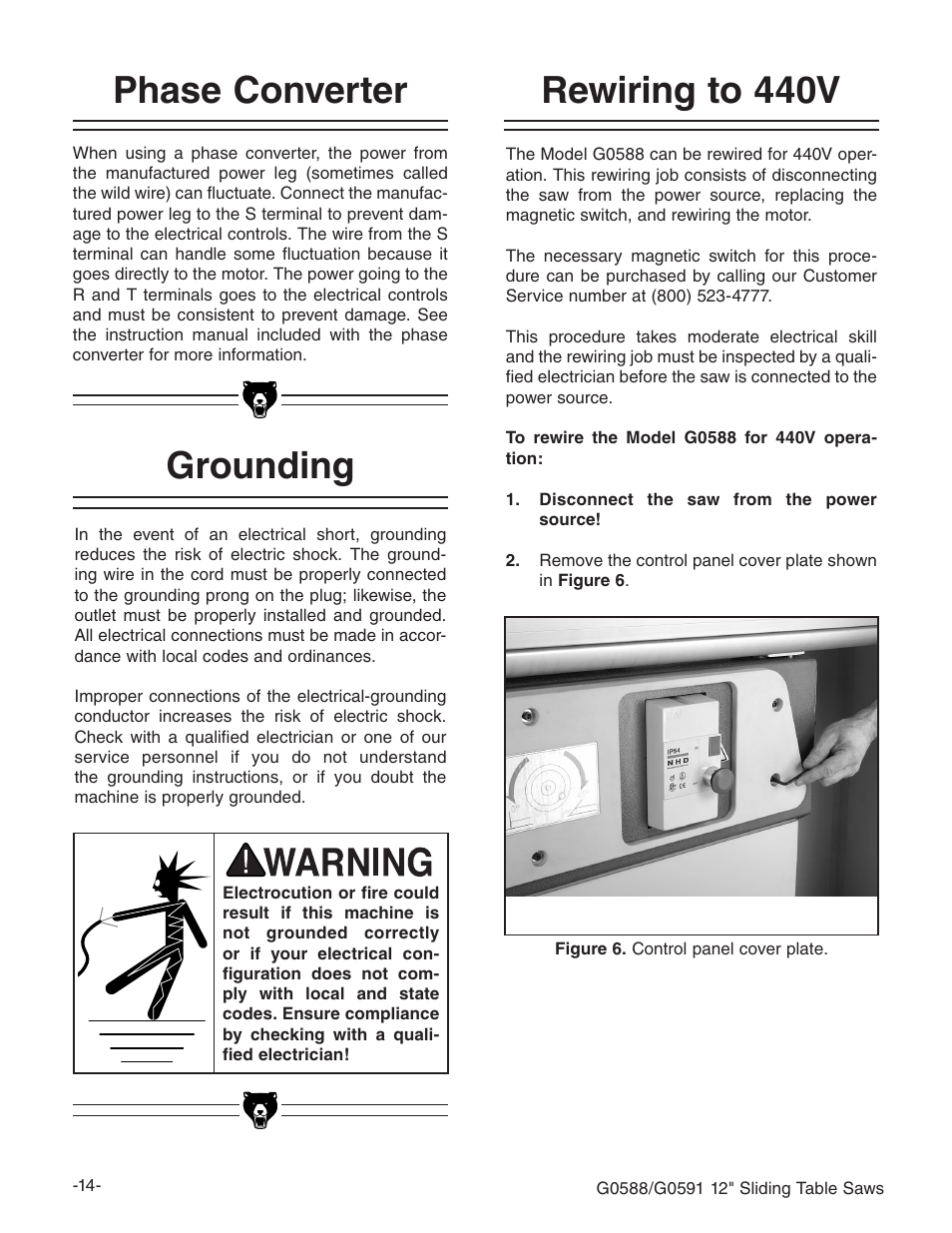 Grounding, Rewiring to 440v, Phase converter | Grizzly G0588/G0591 User Manual | Page 22 / 82