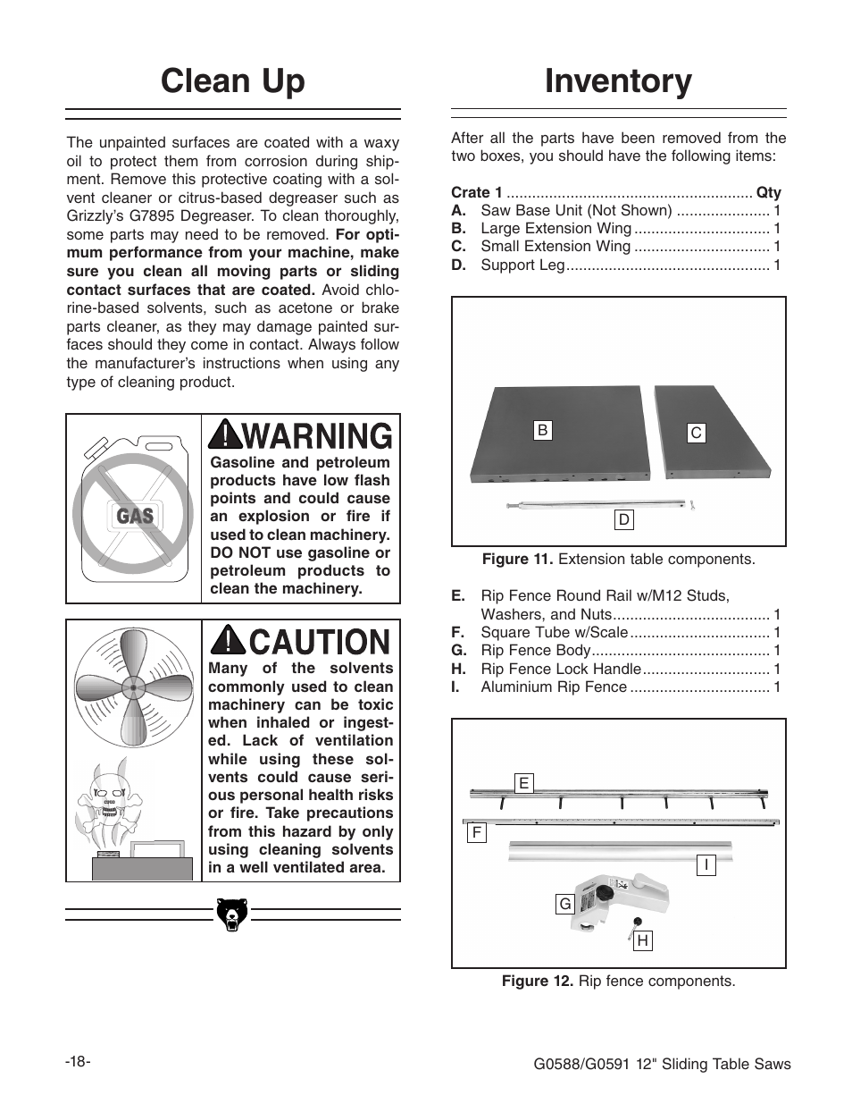 Inventory, Clean up | Grizzly G0588/G0591 User Manual | Page 26 / 82