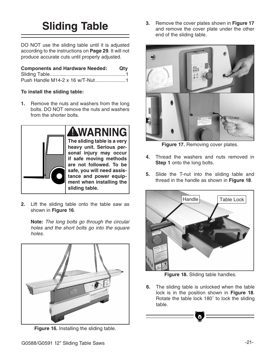 Sliding table | Grizzly G0588/G0591 User Manual | Page 29 / 82