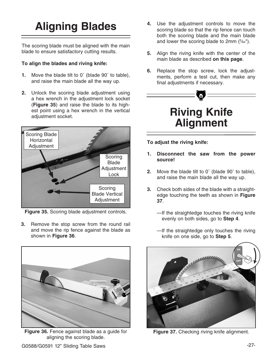 Aligning blades, Riving knife alignment | Grizzly G0588/G0591 User Manual | Page 35 / 82