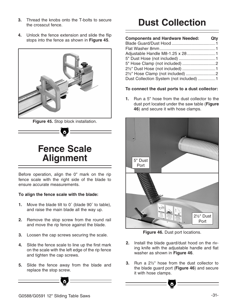 Fence scale alignment, Dust collection | Grizzly G0588/G0591 User Manual | Page 39 / 82