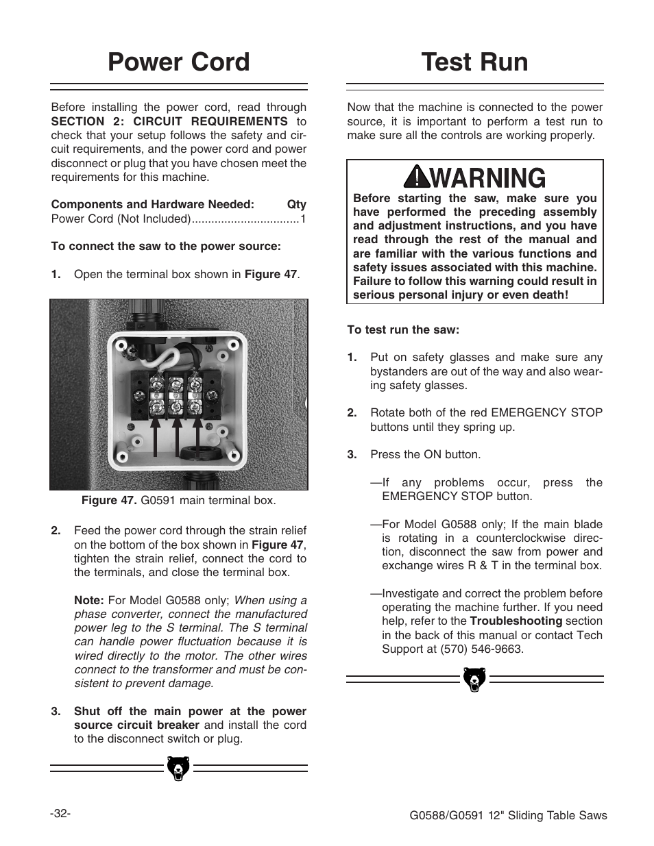 Test run, Power cord | Grizzly G0588/G0591 User Manual | Page 40 / 82