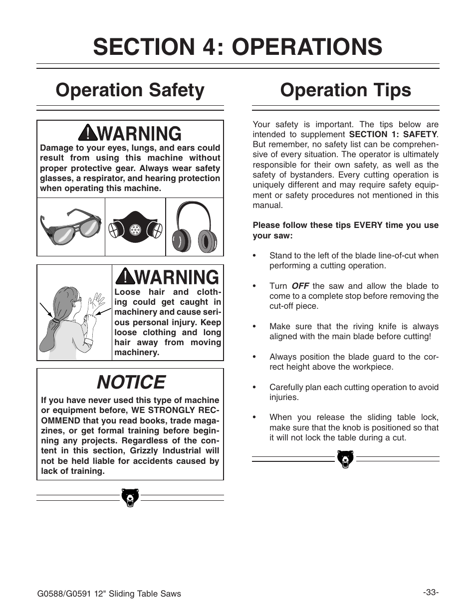 Operation safety, Notice, Operation tips | Grizzly G0588/G0591 User Manual | Page 41 / 82