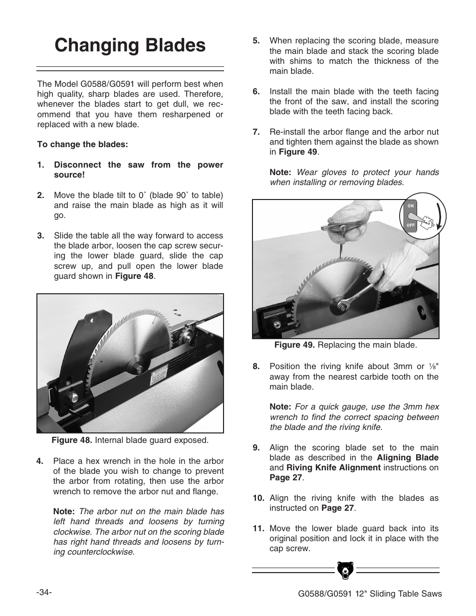 Changing blades | Grizzly G0588/G0591 User Manual | Page 42 / 82