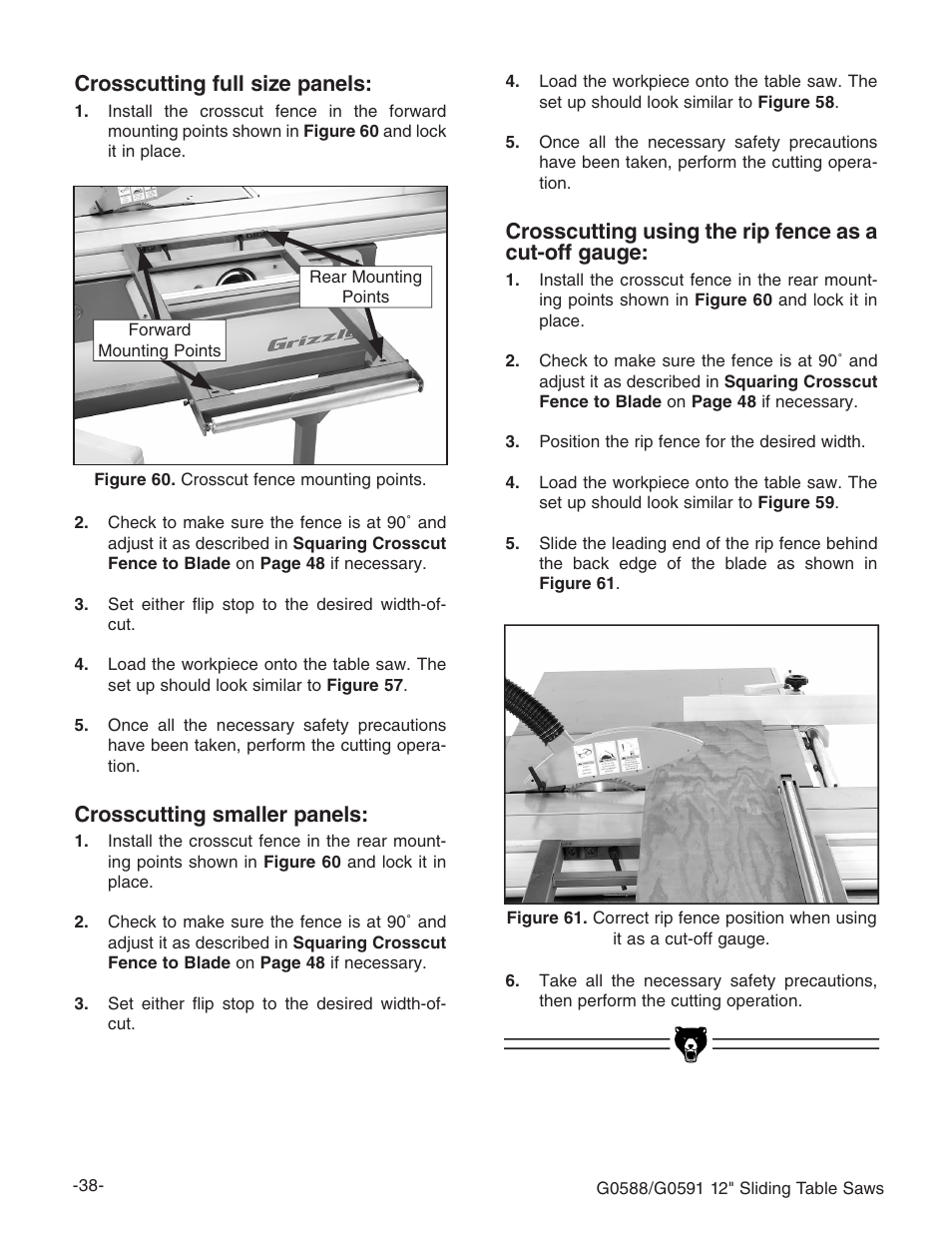 Crosscutting full size panels, Crosscutting smaller panels | Grizzly G0588/G0591 User Manual | Page 46 / 82