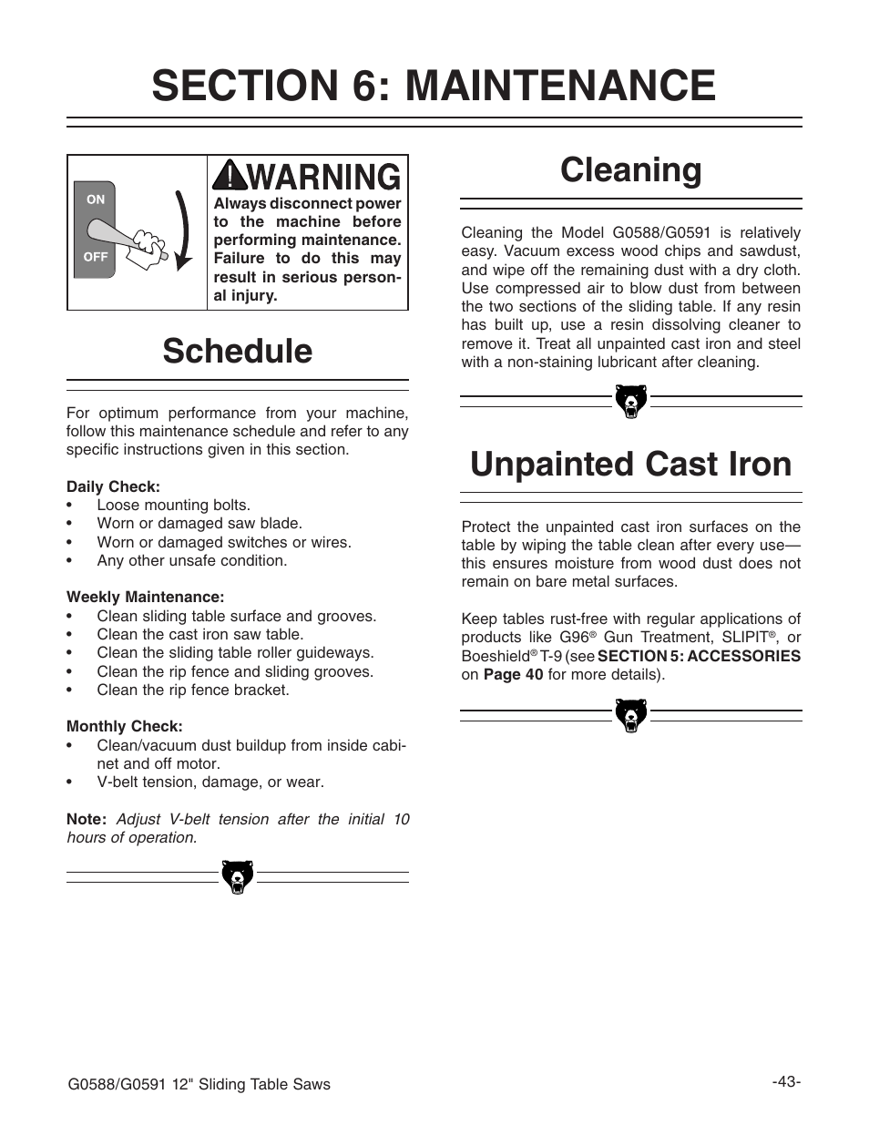 Cleaning, Unpainted cast iron, Schedule | Grizzly G0588/G0591 User Manual | Page 51 / 82