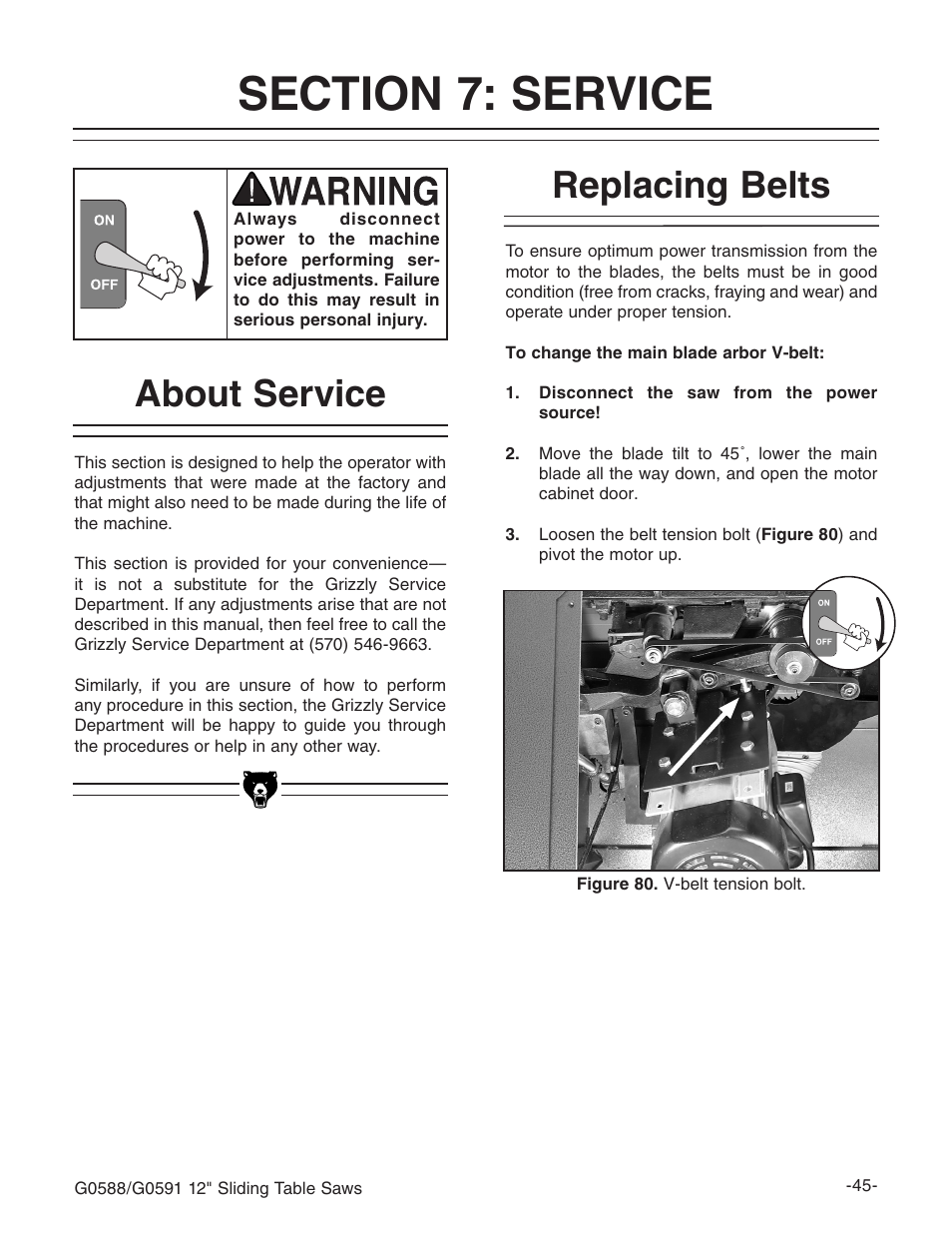 About service, Replacing belts | Grizzly G0588/G0591 User Manual | Page 53 / 82