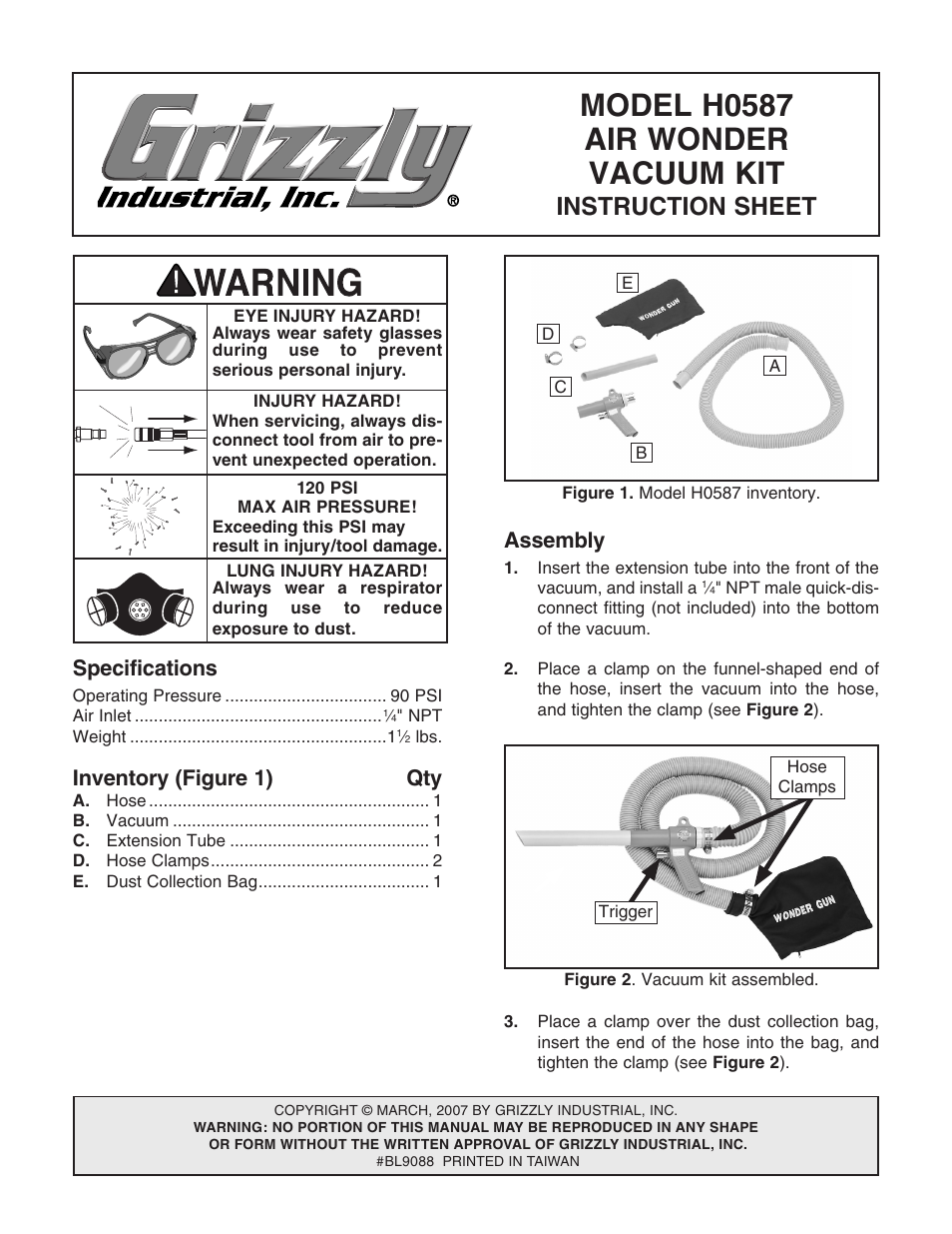 Grizzly Air Wonder Vacuum Kit H0587 User Manual | 2 pages