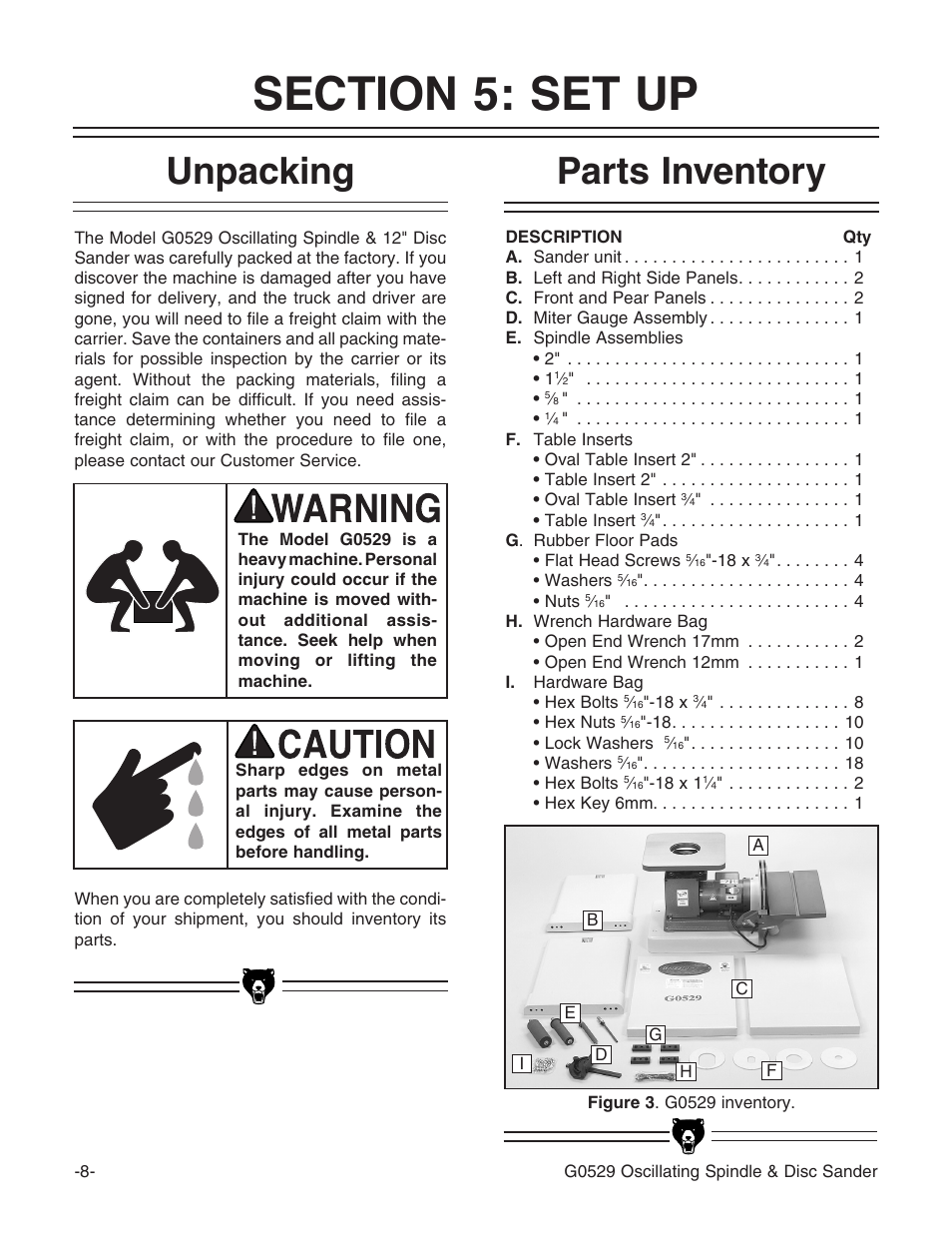 Parts inventory unpacking | Grizzly G0529 User Manual | Page 10 / 36