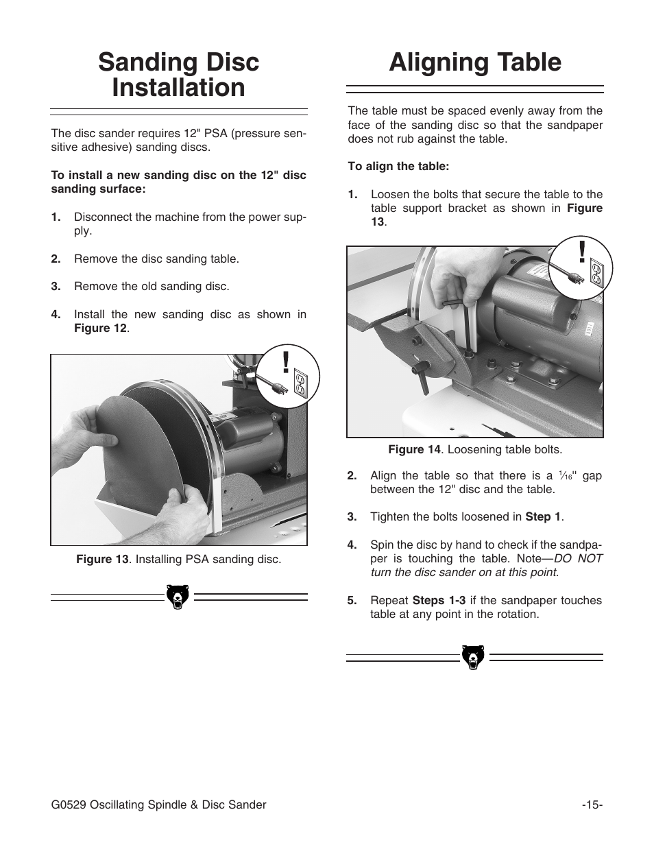 Aligning table, Sanding disc installation | Grizzly G0529 User Manual | Page 17 / 36