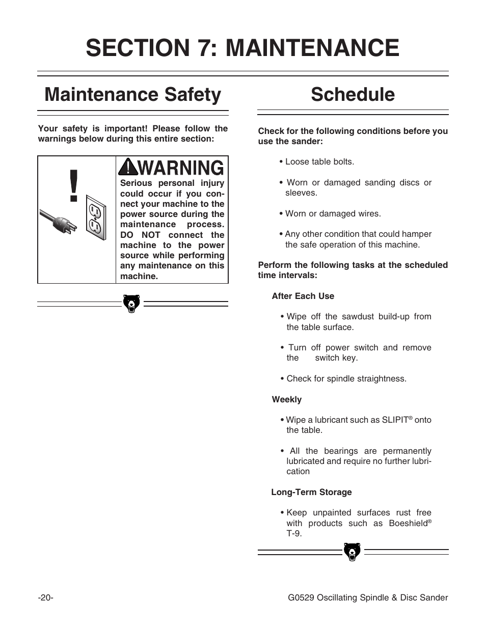 Schedule maintenance safety | Grizzly G0529 User Manual | Page 22 / 36