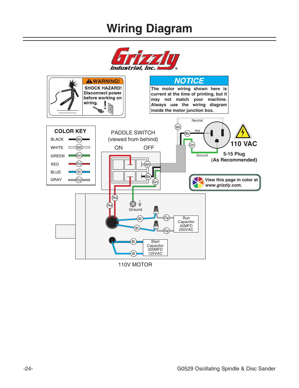 Wiring diagram, 110 vac | Grizzly G0529 User Manual | Page 26 / 36