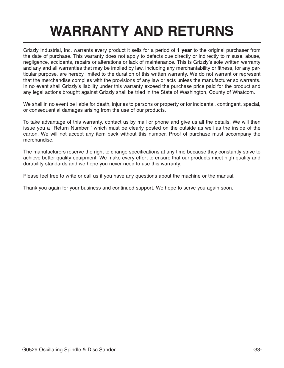 Warranty and returns | Grizzly G0529 User Manual | Page 35 / 36