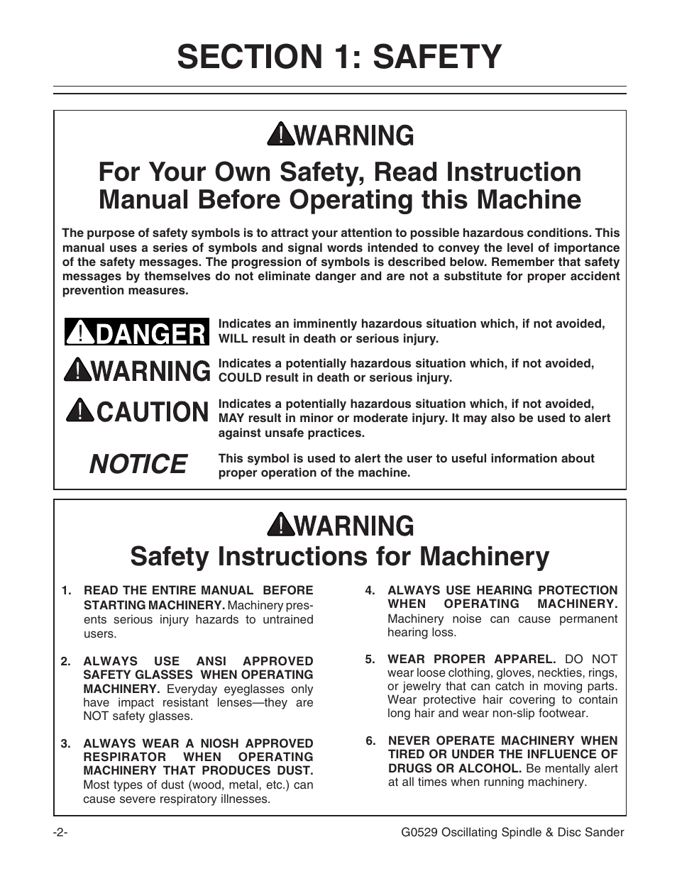 Safety instructions for machinery, Or -anual, 4)#% 3afety | Grizzly G0529 User Manual | Page 4 / 36